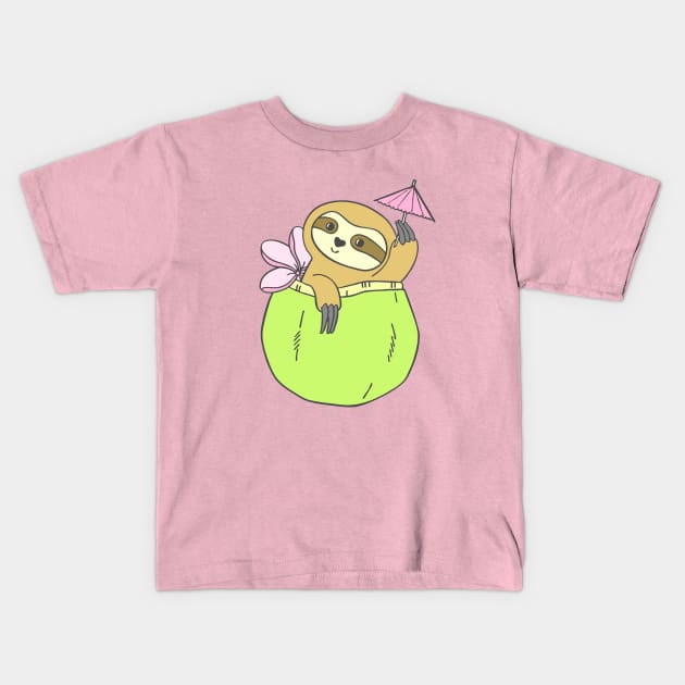 Coconut Cocktail Sloth Kids T-Shirt by natelledrawsstuff